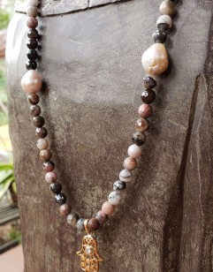 Jasper and Pearl Necklace with Hamsa Pendant