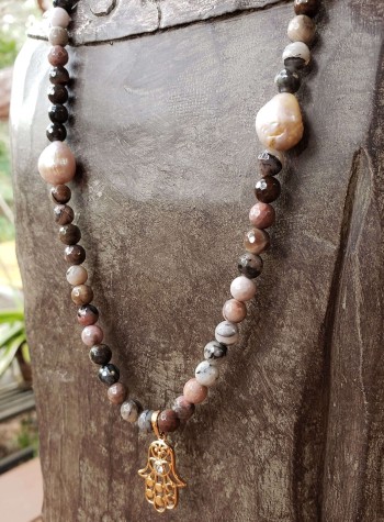 Jasper and Pearl Necklace with Copper-plated Hamsa Pendant