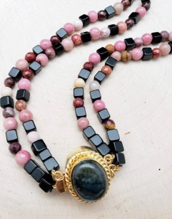 Two Strand Mookaite, Rhodonite and Obsidian Necklace