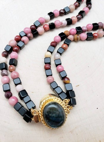 Two Strand Mookaite, Rhodonite and Obsidian Necklace