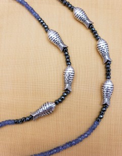 Tanzanite, Obsidian and Sterling Silver Fish Necklace