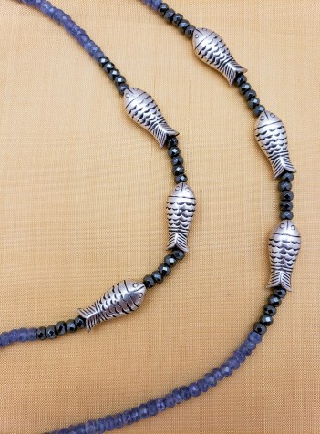 Tanzanite, Obsidian and Sterling Silver Fish Necklace