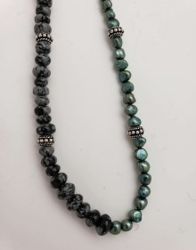 Peacock Green Pearl, Mystic Merlinite and Silver Necklace