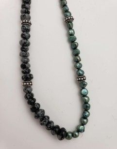 Peacock Green Pearl, Mystic Merlinite and Silver Necklace