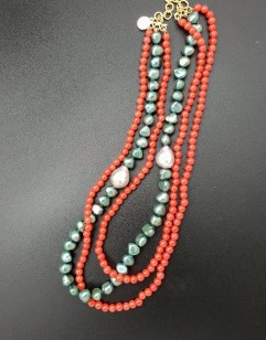 Three-strand Green Peacock Pearl, Coral and Fireball Pearl Necklace