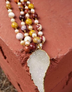 Two-Strand Mookaite and Pearl Necklace with Clear Quartz Druzy Pendant