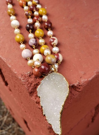 Two-Strand Mookaite and Pearl Necklace with Clear Quartz Druzy Pendant