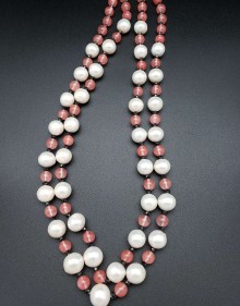 (ASA 398) Two-strand Chalcedony, Black Spinel and Pearl Necklace