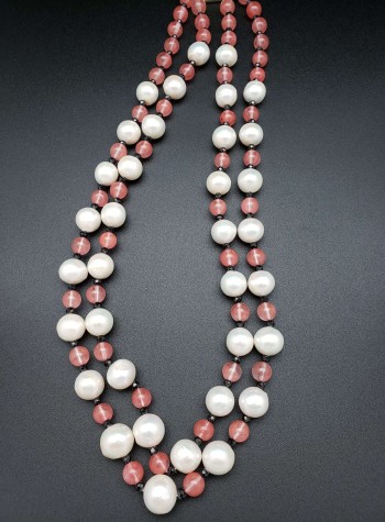 Two-strand Chalcedony, Black Spinel and Pearl Necklace