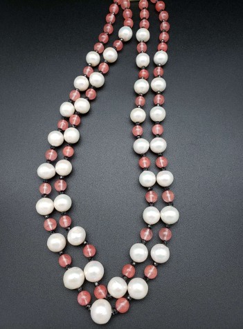 Two-strand Chalcedony, Black Spinel and Pearl Necklace