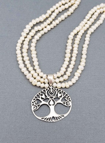 Three-strand Pearl Necklace with Sterling Silver Tree of Life Pendant