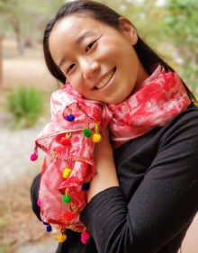 Red and Off-White Print, Multi-Color Pom Poms