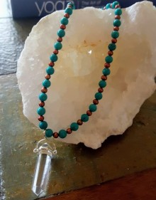 Turquoise and Brown Pearl Necklace with Clear Quartz Pendant