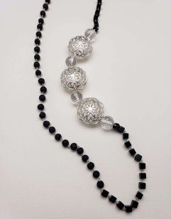 Obsidian and Black Lava Knotted Sterling Silver Necklace with Sterling Silver Festoons