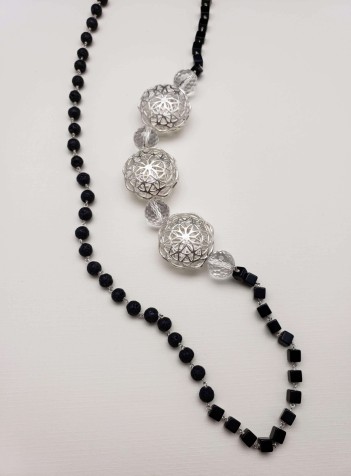 Obsidian and Black Lava Knotted Sterling Silver Necklace with Sterling Silver Festoons