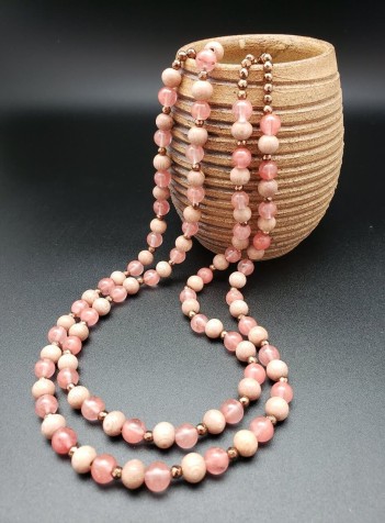 Two-strand Rosewood, Pink Chalcedony and Copper Necklace