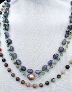 odalite, Sterling Silver, Apatite, Jasper and Fireball Pearl 3-Strand Necklace