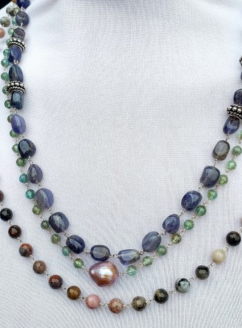 Sodalite, Sterling Silver, Apatite, Jasper and Fireball Pearl 3-Strand Necklace