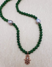 Jade Necklace with Fireball Pearls and Copper-plated Hamsa Pendant