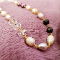 Off White and Mauve Pearls with Faceted Black Garnet and Clear Quartz Knotted Vermeil Necklace