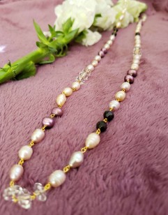 Off White and Mauve Pearls with Faceted Black Garnet and Clear Quartz Knotted Vermeil Necklace