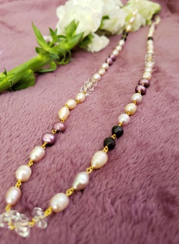 Off White and Mauve Pearls with Faceted Black Garnet and Clear Quartz Knotted Vermeil Necklace