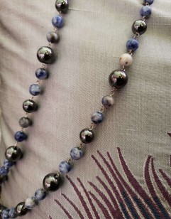 Hematite and Denim Lapis Knotted Sterling Silver Necklace