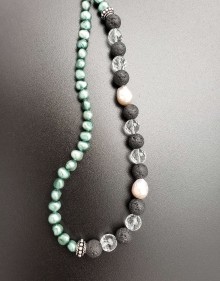 Green Pearls with Black Lava and Faceted Clear Quartz