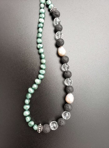 Green Pearls with Black Lava and Faceted Clear Quartz