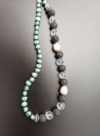 Green Pearls with Black Lava and Faceted Clear Quartz