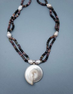 Tourmaline and Baroque Cultured Pearl Necklace with Mother of Pearl Nautilus Pendant