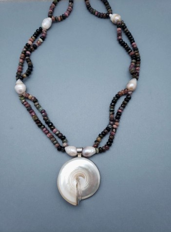 Tourmaline and Pearl Necklace with Mother of Pearl Nautilus Pendant