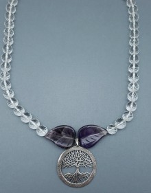 Faceted Clear Quartz with Amethyst Leaves Necklace with Tree of Life Pendant