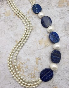 Three-strand Pearl and Lapis Lazuli Necklace