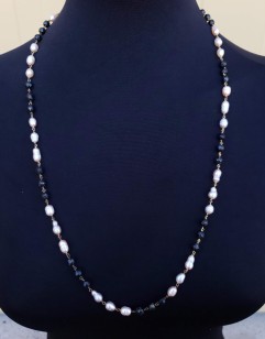 Black Garnet and Freshwater Pearl Necklace, Knotted Vermeil