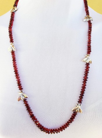 Garnet Necklace with Pewter Bees
