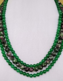 Three-strand Ruby Zoisite and Green Agate Necklace