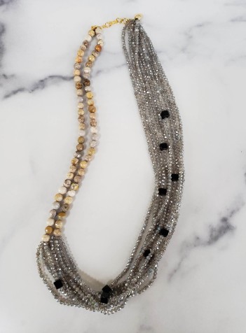 Two-strand Picture Jasper and Nine-Strand Silverite Labradorite and Obsidian Necklace