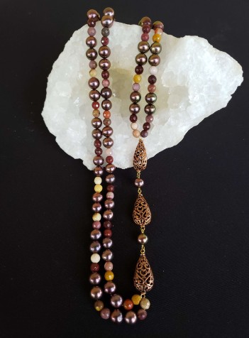 Two-strand Pearl and Mookaite Necklace with Copper Spindle Accents