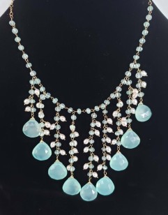 Aquamarine Blue Chalcedony and Pearl Necklace