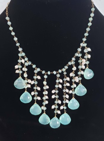 Aquamarine Blue Chalcedony and Pearl Necklace (SOLD)         Can be made to order