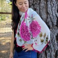 Pink Flowers on Off White, Fuchsia Pom Poms