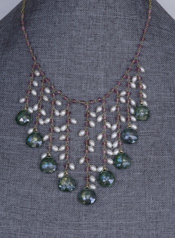 Green Amethyst Pink Topaz and Pearl Necklace