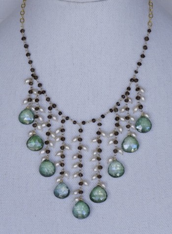 Green Amethyst Smoky Quartz and Pearl Necklace