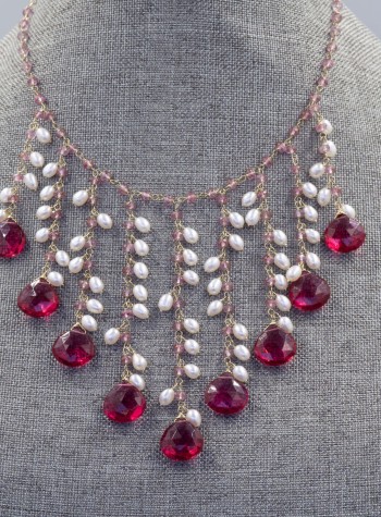 Rubellite, Pink Topaz and Pearl Necklace
