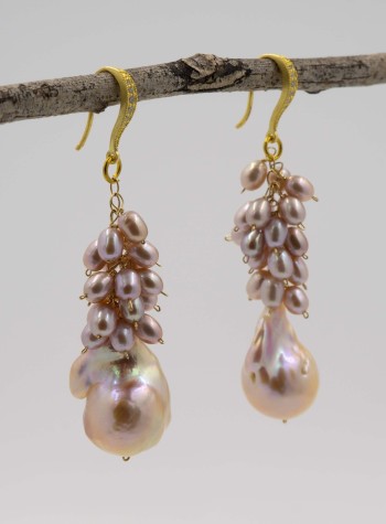 Baroque Pearl Earrings with Pink Akoya Pearl Clusters