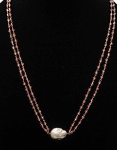 Pink Quartz and white baroque pearl necklace