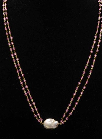 Pink Quartz and white baroque pearl necklace