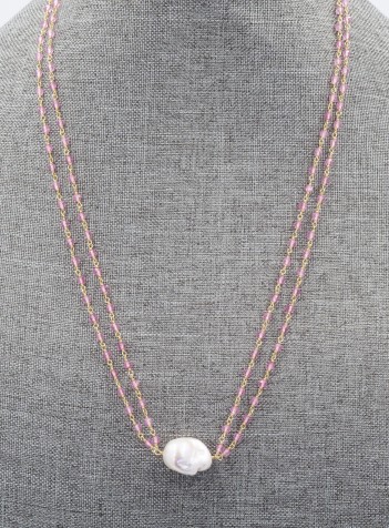 Pink Quartz and white baroque pearl necklace