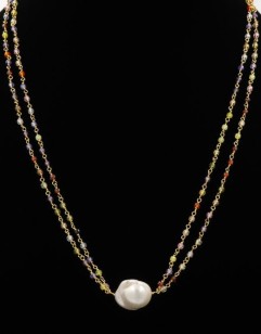 Mulit-color semiprecious gemstones and pearl necklace